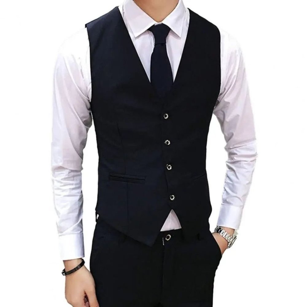 Fashion Men Vests Waistcoat Solid Color V Neck Sleeveless Buttons Blazer
